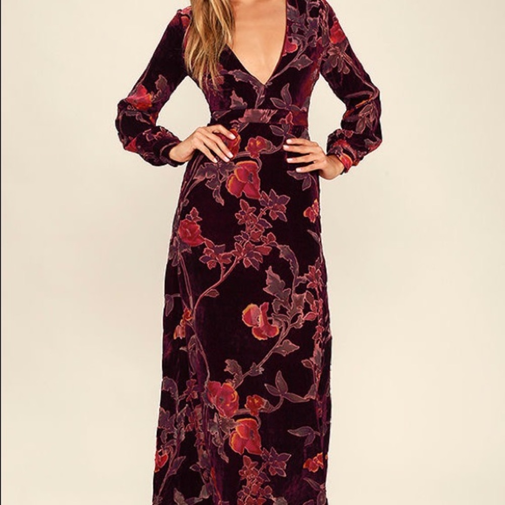Lulu's Practical Magic Burgundy Velvet Floral Print Maxi Dress